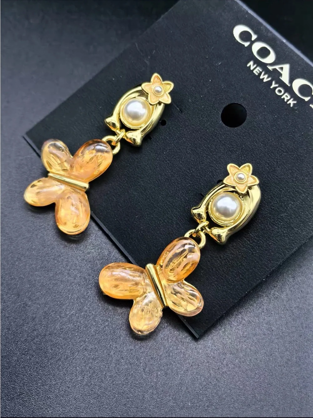 Coach Gold-Tone Orange Butterfly Drop Earrings